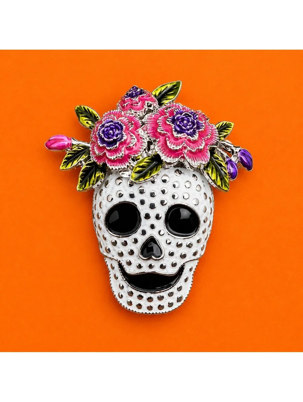Halloween Skull with Wreath Enamel Brooch Pink